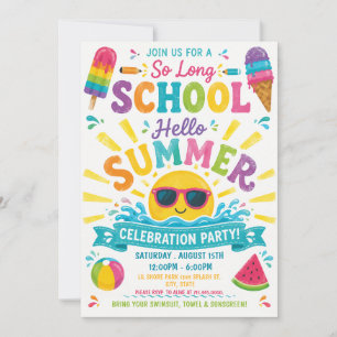 Invitation C'est la fin de l'école, bonjour l'été, fête color