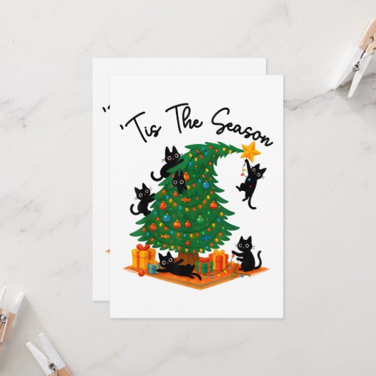 Invitation C'est la saison Arbre de Noël Chat noir mignon (Devant/Arrière en situation)