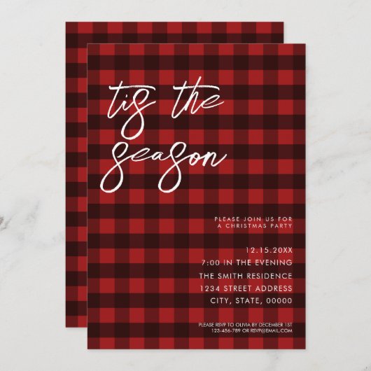 Invitation C'Est La Saison Red Plaid Noël Party (Devant / Derrière)