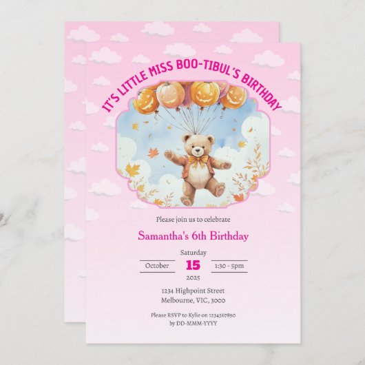 Invitation C'est l'anniversaire des filles roses de Miss Boo- (Devant / Derrière)