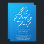 Invitation C'est l'heure de la fête 40e fête d'anniversaire S<br><div class="desc">It's Party Time 40th Quarantième anniversaire Party Simple Elegant Invitation Invitation présente un design minimaliste avec le texte "It's Party Time!" dans la typographie de script de calligraphie blanche moderne et personnalisé ci-dessous avec votre texte personnalisé sur un arrière - plan bleu. Le style et la couleur de police de...</div>