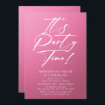 Invitation C'est l'heure de la fête 40e fête d'anniversaire S<br><div class="desc">It's Party Time 40th Quarantième anniversaire Party Simple Elegant Invitation Invitation présente un design minimaliste avec le texte "It's Party Time!" dans la typographie de script de calligraphie blanche moderne et personnalisé ci-dessous avec votre texte personnalisé sur un arrière - plan rose. Le style et la couleur de police de...</div>