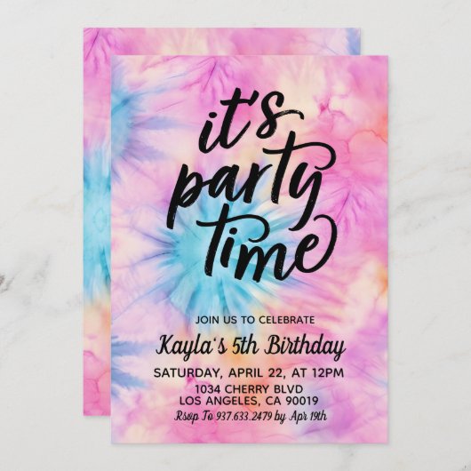 Invitation C'est l'heure de la fête Super Tie Dye Anniversair (Devant / Derrière)