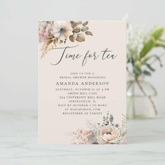 Invitation C'est l'heure du thé. Elégant boho fleuri douche n (Debout devant)