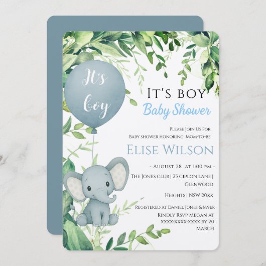 Invitation C'est mon garçon ! Petit bébé éléphant mignon avec (Devant / Derrière)