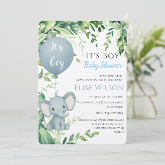 Invitation C'est mon garçon ! Petit bébé éléphant mignon avec (Debout devant)