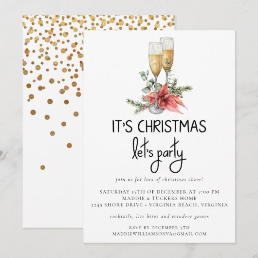 Invitation C'est Noël Faisons la fête Gold Confetti Party (Devant / Derrière)