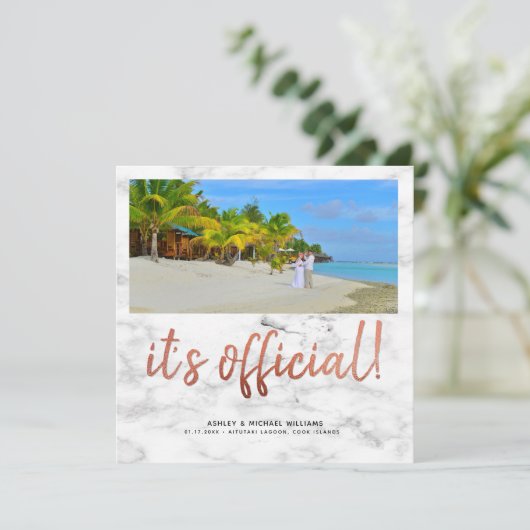 Invitation C'est officiel, mariage en marbre carré photo cuiv (Debout devant)