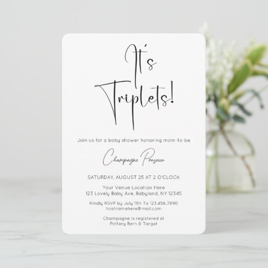Invitation C'est Triplets Modern Script Baby shower Invitatio (Debout devant)
