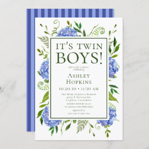 Invitation C'est Twin Boys Blue Hydrangeas Baby shower