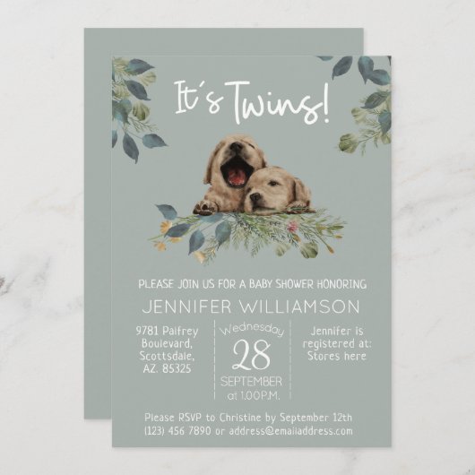 Invitation C'est Twins ! Baby shower chien mignon (Devant / Derrière)