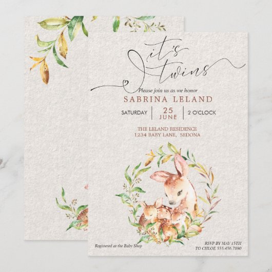 Invitation C'est Twins Baby shower Deer Fawns in Leafy Wreath (Devant / Derrière)