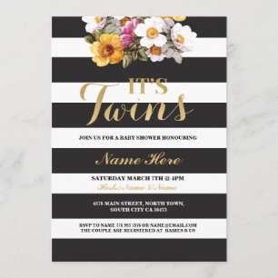 Invitation C'est Twins Baby shower Stripe Gold Floral Invitat