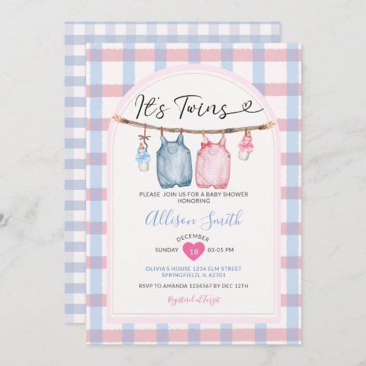 Invitation C'est Twins Bow Clothes Automne En vichy Baby show (Devant / Derrière)