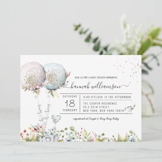 Invitation C'est Twins Boy Girl Balloon Baby shower Invitatio (Debout devant)