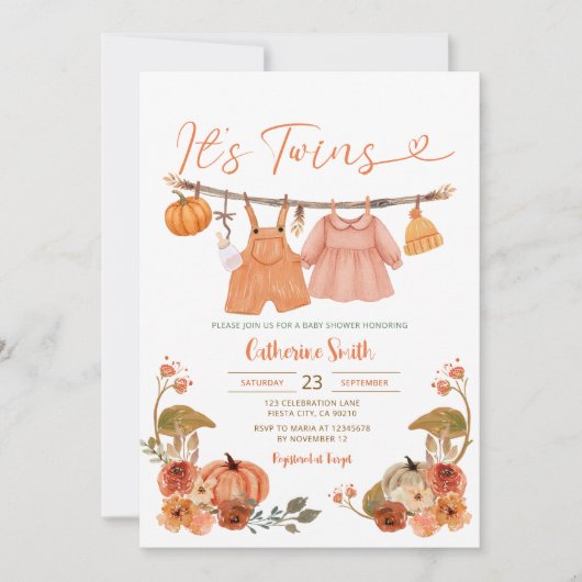 Invitation C'est Twins Citrouille Baby shower Clothesline Flo (Devant)
