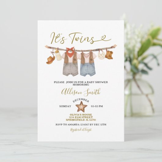 Invitation C'est Twins Western Cowboy Baby shower (Debout devant)