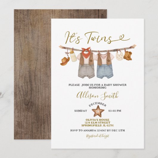 Invitation C'est Twins Western Cowboy Baby shower (Devant / Derrière)