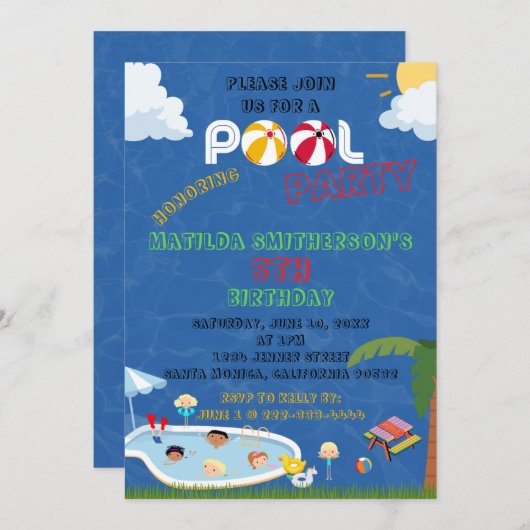 Invitation C'EST UN ANNIVERSAIRE DE Piscine (Devant / Derrière)