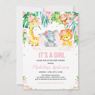 Invitation C'est un Baby shower à fleurs rose Fille Jungle Sa