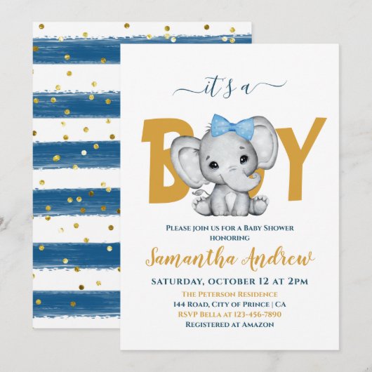 Invitation C'est un Baby shower adorable bébé éléphant garçon (Devant / Derrière)