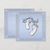 Invitation C'est un Baby shower Bleu aux empreintes de petits (Devant / Derrière)
