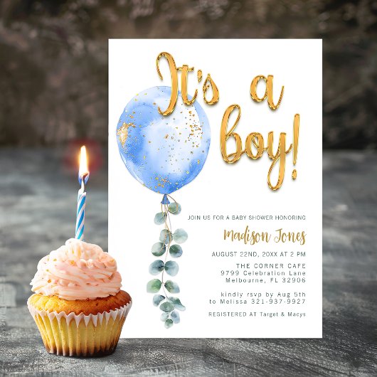 Invitation C'est un Baby shower Bleu Bleu Boy Gold Script