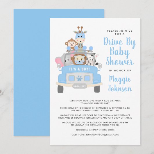 Invitation C'est un Baby shower bleu de Boy Drive By Animal S (Devant / Derrière)