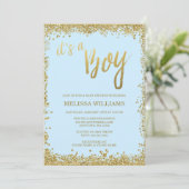 Invitation C'est un baby shower bleu de parties scintillantes (Debout devant)