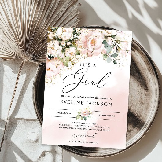 Invitation C'est un baby shower boho rose fleuri or rose fill