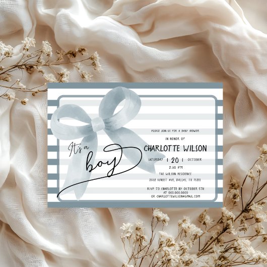 Invitation C'est un Baby shower Boy Cute Dusty Blue Bow Strip