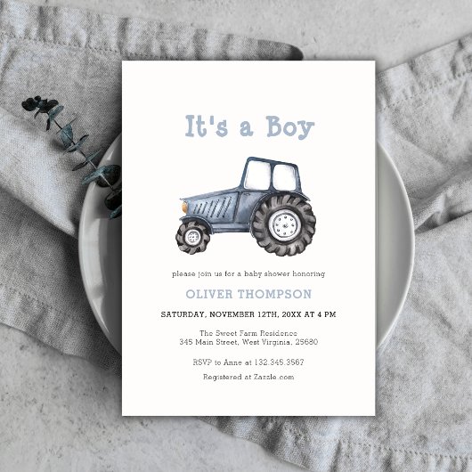 Invitation C'est un Baby shower Boy Watercolor Tractor