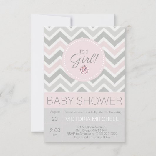 Invitation C'est un Baby shower Chevron rose/gris pour filles (Devant)