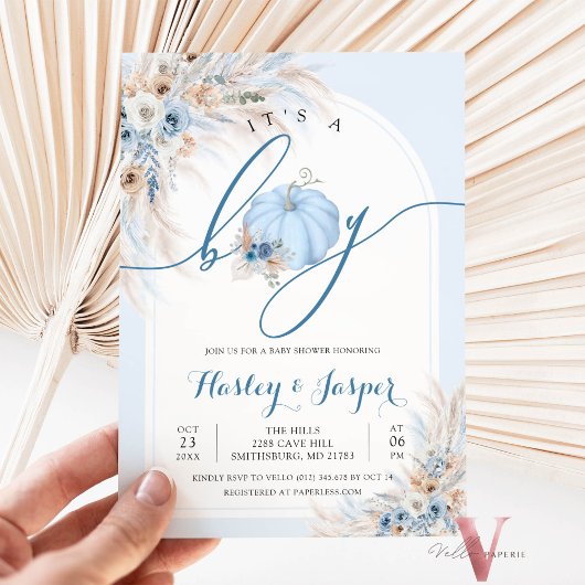 Invitation C'est un Baby shower Citrouille bleu garçon Pampas