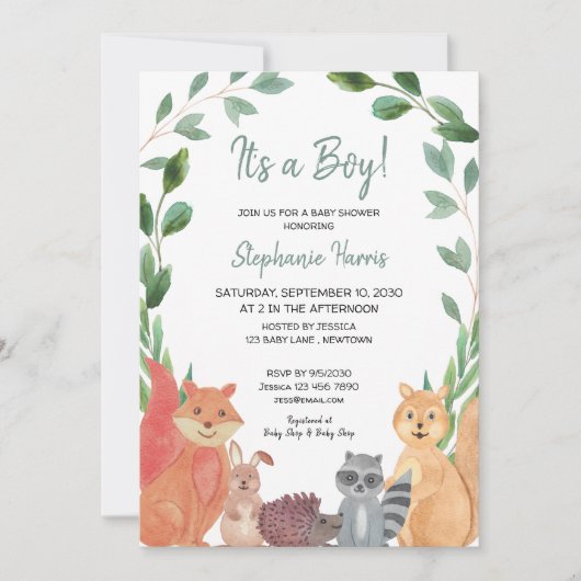 Invitation C'est un Baby shower d'animaux boisés (Devant)