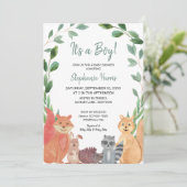 Invitation C'est un Baby shower d'animaux boisés (Debout devant)