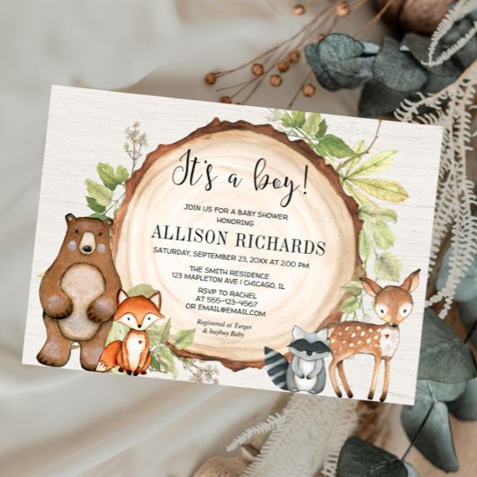Invitation C'est un baby shower d'animaux de bois rustique