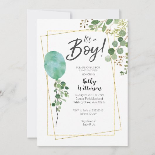 Invitation C'est un baby shower d'aquarelle Garçon vert oh (Devant)