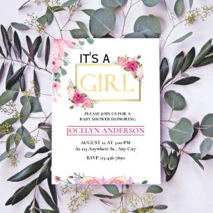 Invitation C'est un Baby shower d'aquarelle rose et or pour f