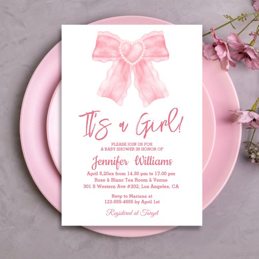 Invitation c'est un baby shower d'arc rose aquarelle fille