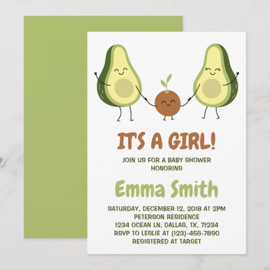 Invitation C'est un Baby shower d'Avocado mignonne pour fille (Devant / Derrière)
