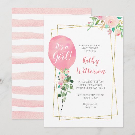 Invitation C'est un baby shower de ballon de rose de fille (Devant / Derrière)