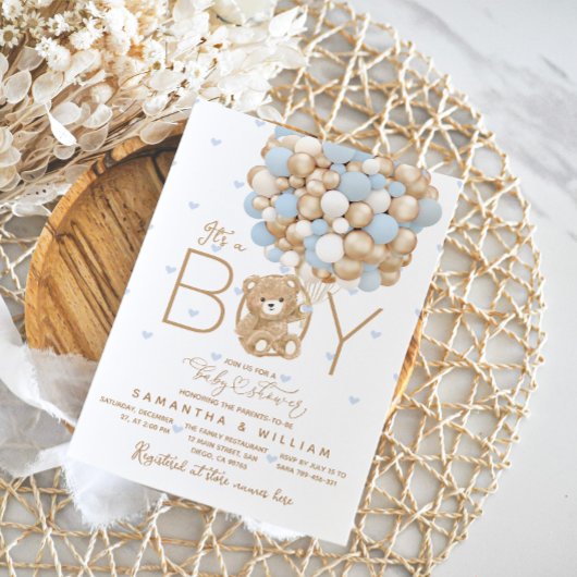 Invitation C'est un Baby shower de coeur Bleu Ours Garçon