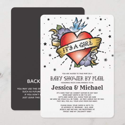 Invitation C'est un Baby shower de coeur de tatouage de fille (Devant / Derrière)