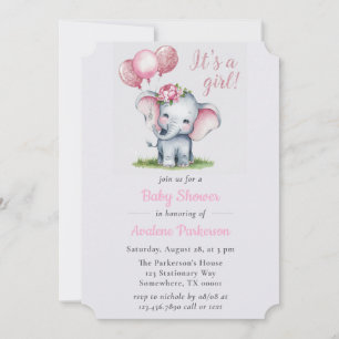 Invitation C'est un Baby shower de fille à peinture Eléphant 