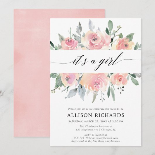 Invitation C'est un baby shower de fille fleurie et verdoyant (Devant / Derrière)