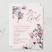 Invitation C'est un Baby shower de fleurs et d'oiseaux rose (Devant)