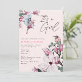 Invitation C'est un Baby shower de fleurs et d'oiseaux rose (Debout devant)