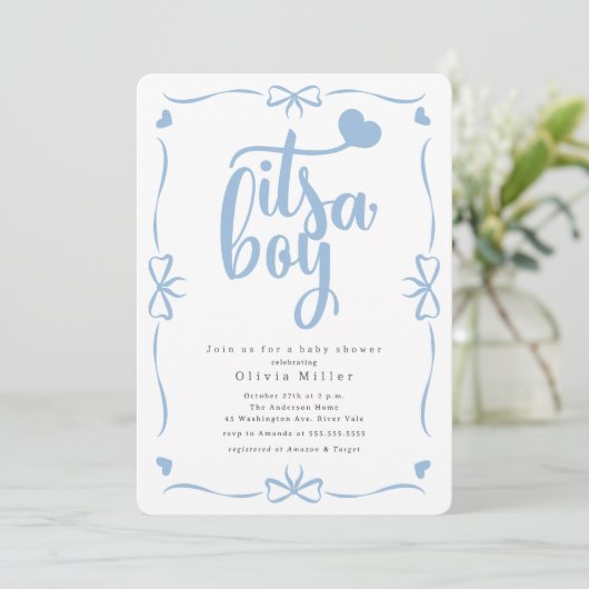 Invitation C'est un Baby shower de garçon (Debout devant)