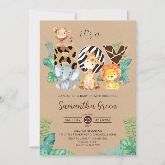 Invitation C'est un Baby shower de la jungle de Safari Garçon (Devant)